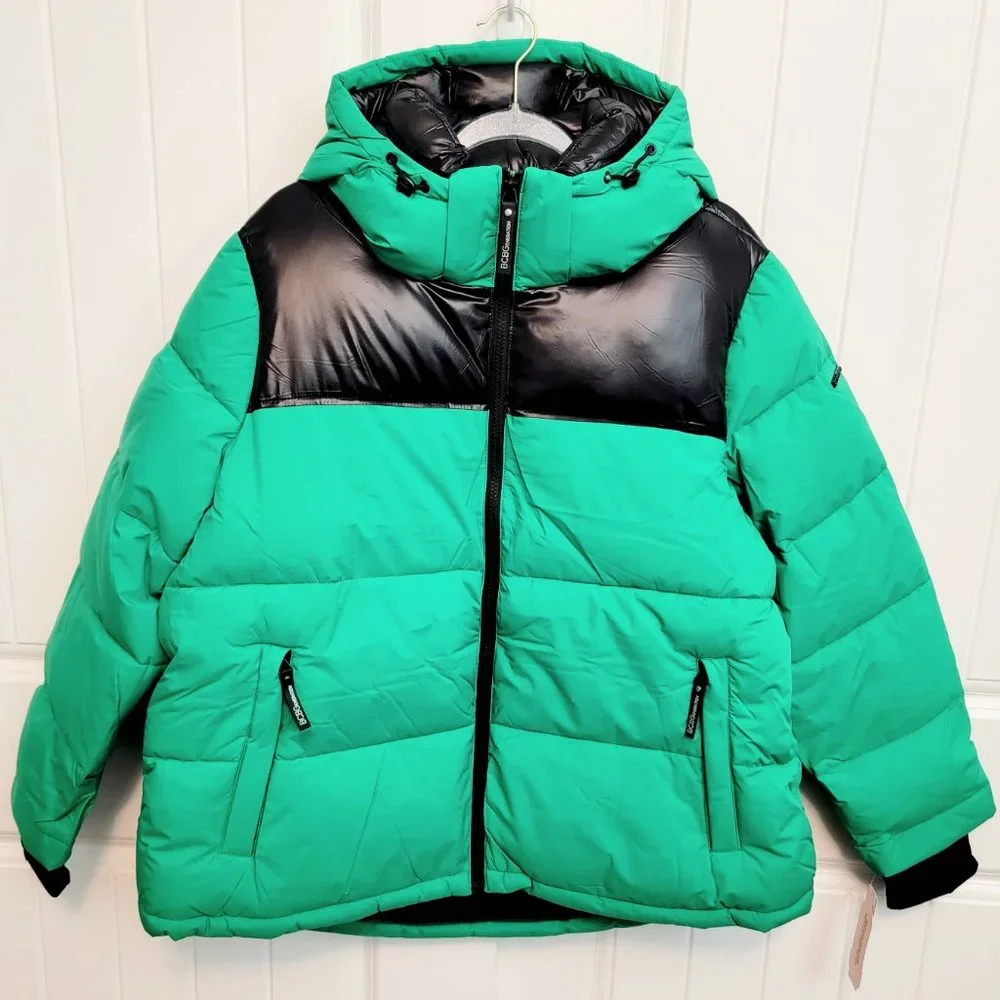 BCBGeneration Size XL Colorblock Hooded Puffer Jacket Kelly Green NWT $228